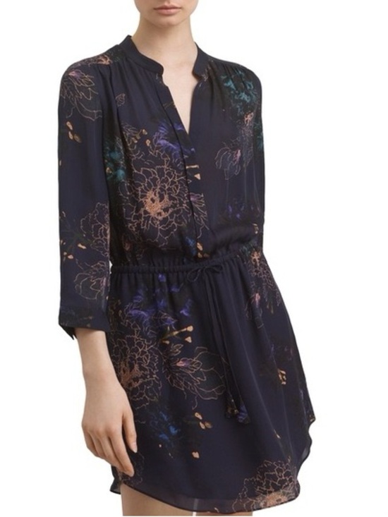 Babaton Dresses & Skirts - Babaton Navy Floral Long-Sleeve Drawstring Waist Dress